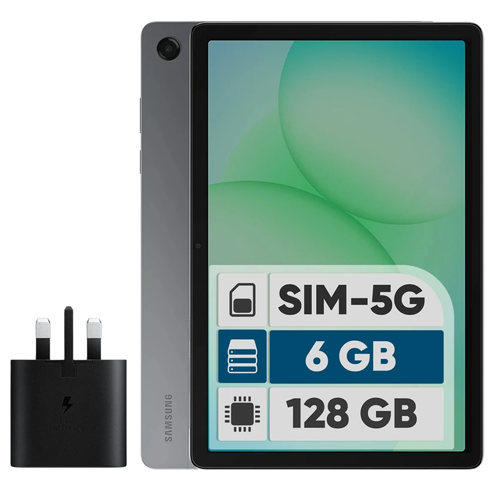تبلت 11 اینچ سامسونگ مدل Galaxy Tab A11 Plus 5G، ظرفیت 128 گیگابایت و رم 6 گیگابایت، قابلیت پشتیبانی از سیم کارت، رزولوشن دوربین 8 مگاپیکسل، به همراه شارژر دیواری 25 وات سامسونگ مدل EP-TA800