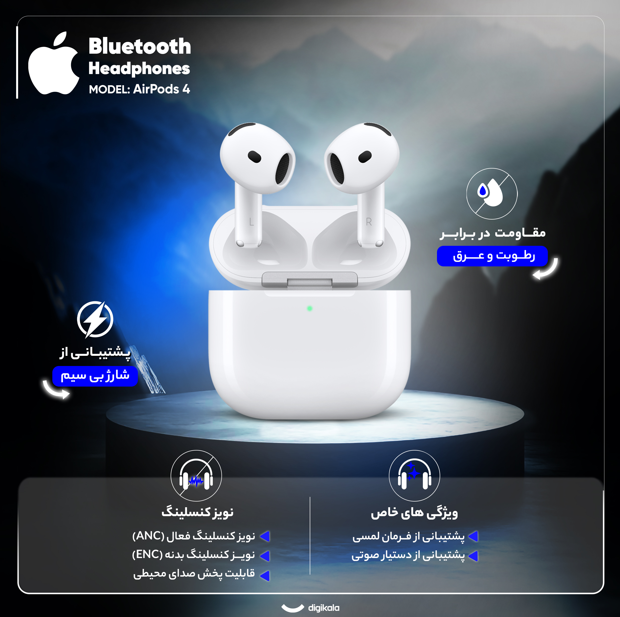 هدفون بلوتوثی اپل مدل AirPods 4 دارای نویز کنسلینگ، درگاه شارژ USB-Type-C و شارژ بی سیم، با قابلیت اتصال به چند دستگاه، پشتیبانی از فرمان لمسی و دستیار صوتی، نشانگر LED، مقاوم در برابر پاشش آب و گرد و غبار
