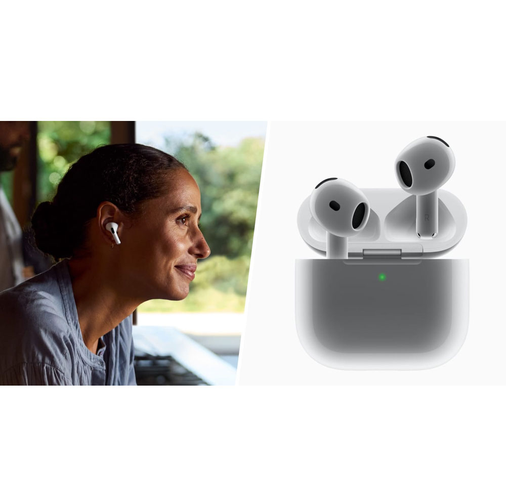 هدفون بلوتوثی اپل مدل AirPods 4 فاقد قابلیت نویز کنسلینگ، درگاه شارژ USB Type-C، شارژ بی سیم، با قابلیت اتصال به چند دستگاه، پشتیبانی از فرمان لمسی، نشانگر LED، پشتیبانی از دستیار صوتی، مقاوم در برابر آب