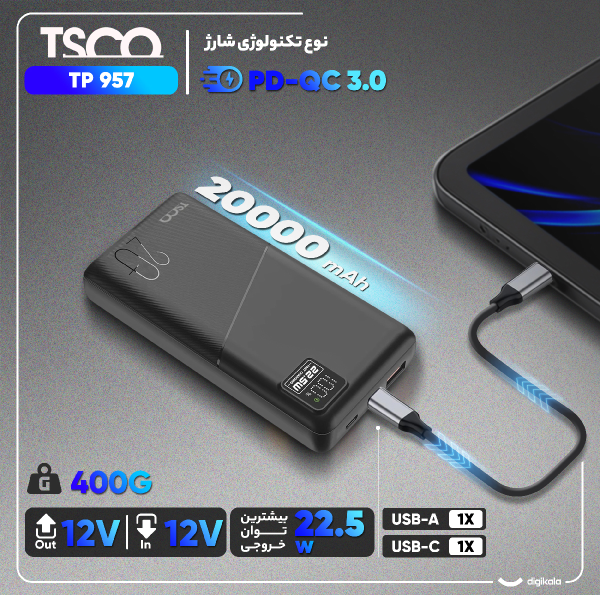 پاوربانک 22.5 وات تسکو مدل TP 957 ظرفیت 20000 میلی آمپر ساعت