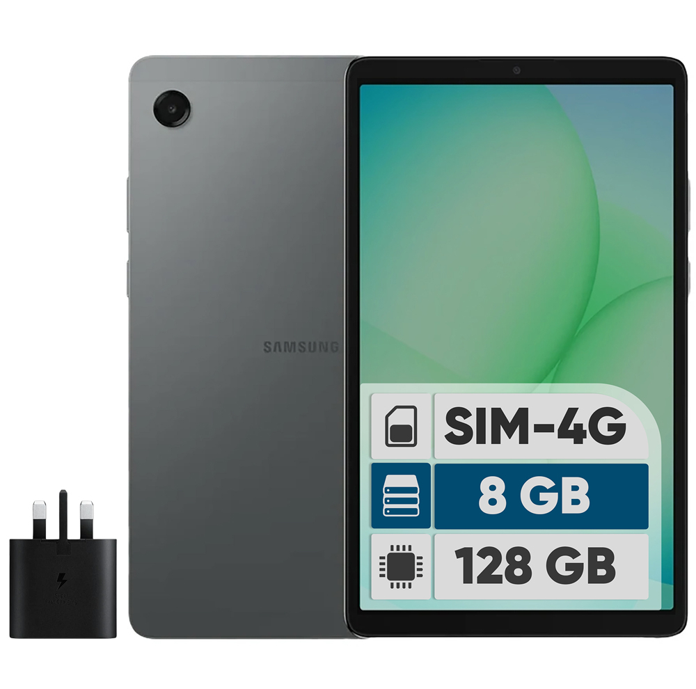 تبلت 8.7 اینچ سامسونگ مدل Galaxy Tab A11 4G، ظرفیت 128 گیگابایت و رم 8 گیگابایت، قابلیت پشتیبانی از سیم کارت، رزولوشن دوربین 8 مگاپیکسل، به همراه شارژر دیواری 25 وات سامسونگ مدل EP-TA800
