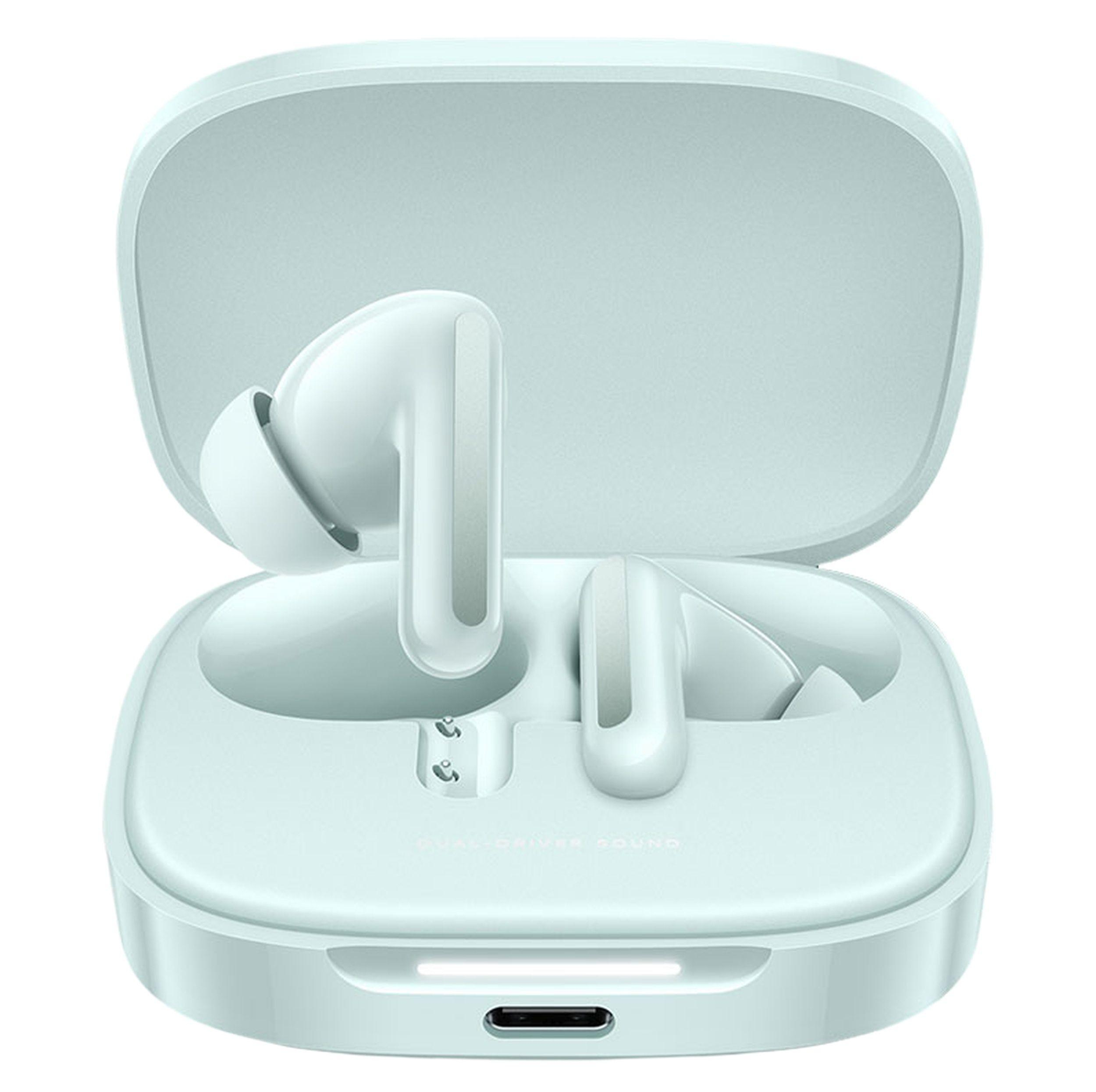 هدفون بلوتوثی شیائومی مدل Redmi Buds 6 با نویز کنسلینگ فعال (ANC)، درگاه شارژ USB Type-C، دارای میکروفون دوگانه با ENC (کاهش نویز محیط)، مقاوم در برابر رطوبت و عرق