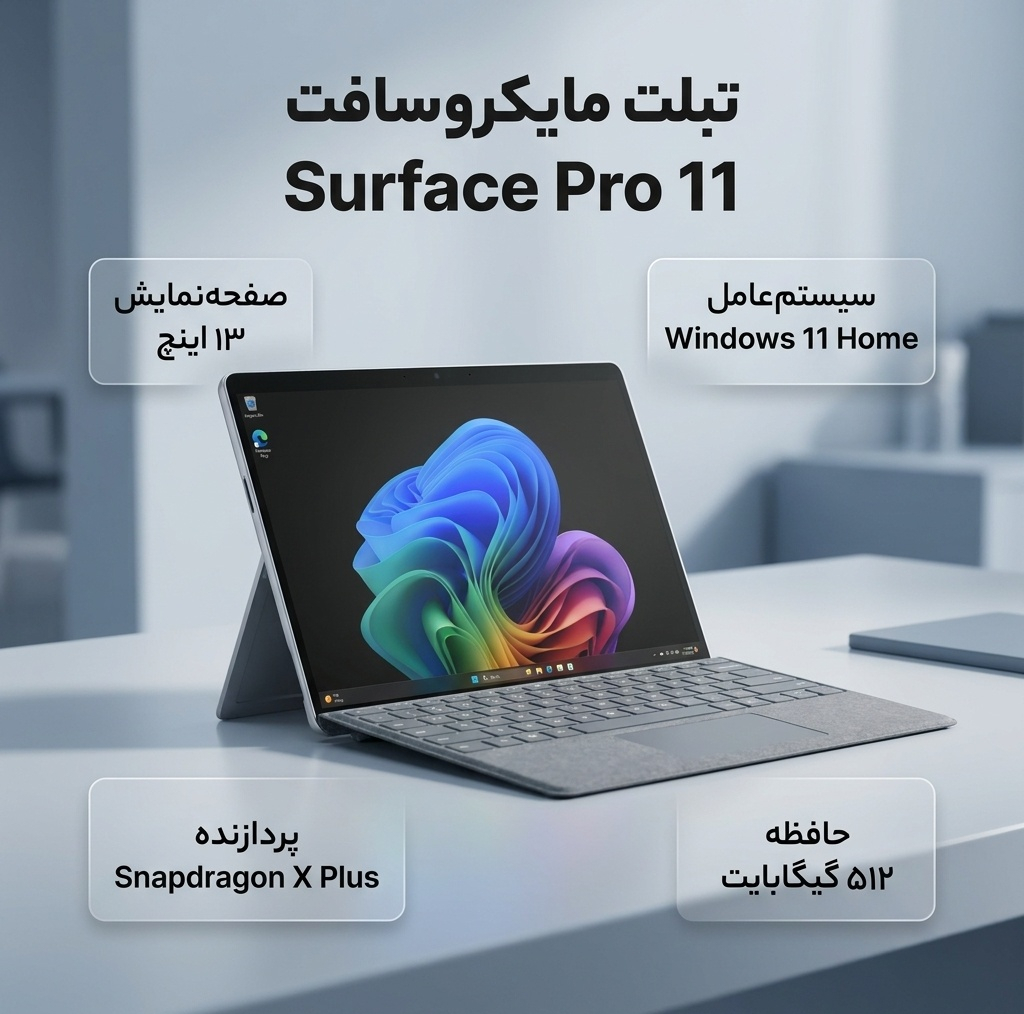 تبلت 13 اینچی مایکروسافت مدل Surface Pro 11-Snapdragon X Plus LCD ظرفیت 512 گیگابایت و رم 16 گیگابایت به همراه کیبورد Surface Pro Copilot