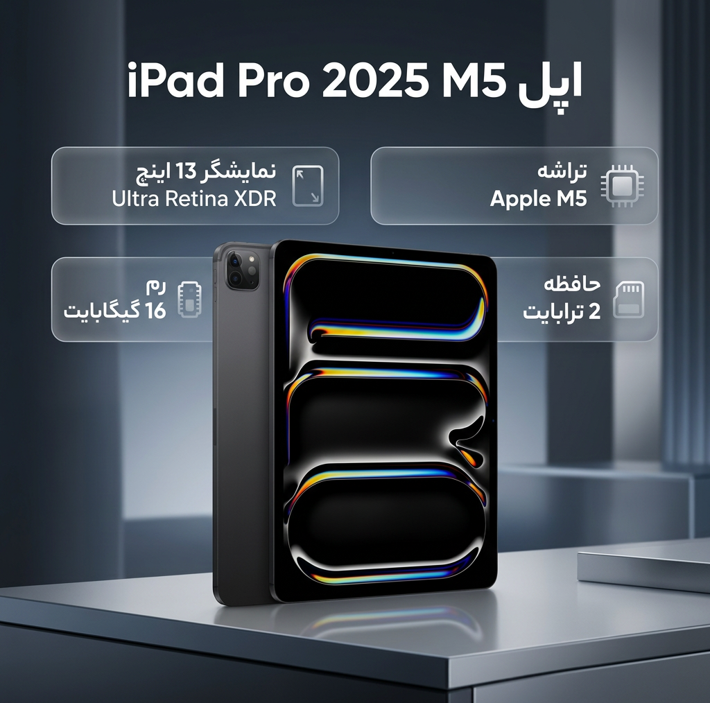تبلت 13 اینچ اپل مدل IPad Pro 2025 M5 Wi-Fi Nano-Texture ظرفیت 2 ترابایت و رم 16 گیگابایت، رزولوشن دوربین 12 مگاپیکسل، پشتیبانی از قلم و کیبورد