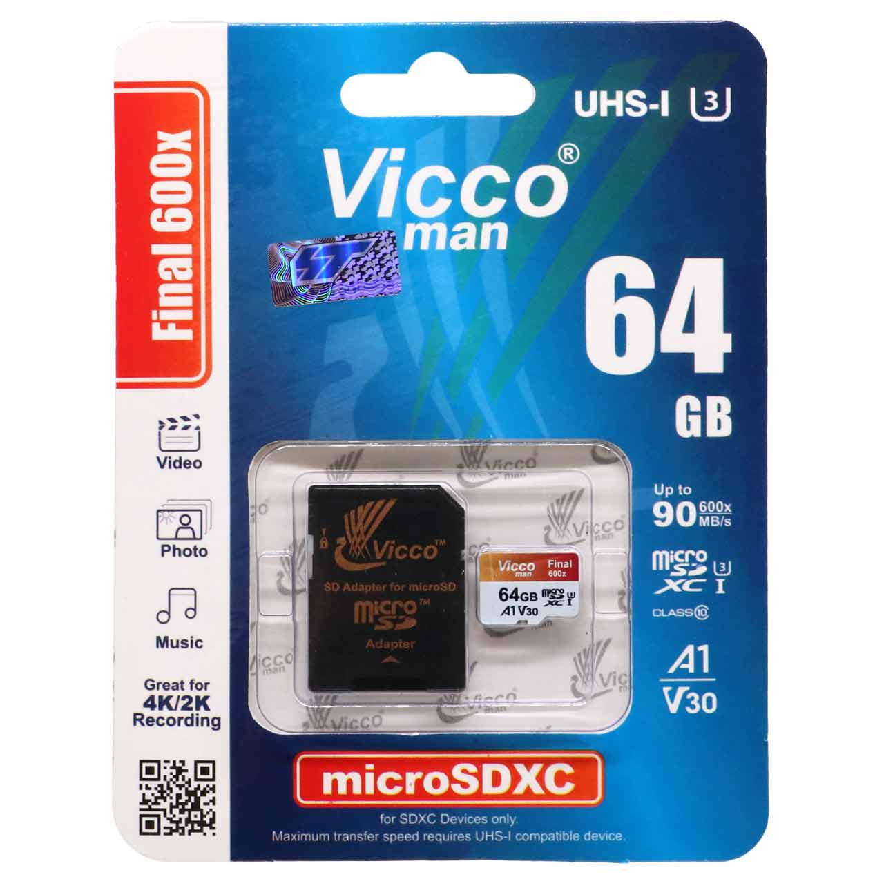 کارت حافظه microSDXC ویکومن مدل 600x plus کلاس 10 استاندارد UHS-I U3 A1 V30 سرعت 90MBs ظرفیت 64 گیگابایت به همراه آداپتور SD