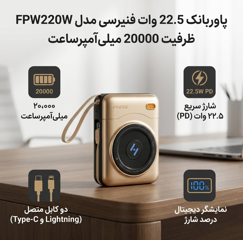 پاوربانک 22.5 وات فنیرسی مدل FPW220W ظرفیت 20000 میلی‌آمپرساعت