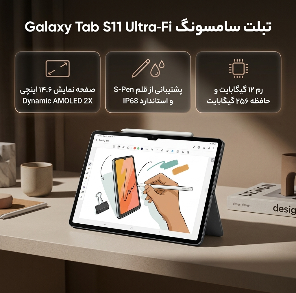 تبلت ۱۴.۶ اینچ سامسونگ مدل Galaxy Tab S11 Ultra Wi-Fi ظرفیت 256 گیگابایت و رم 12 گیگابایت، رزولوشن دوربین ۱۳ مگاپیکسل، پشتیبانی از قلم و کیبورد