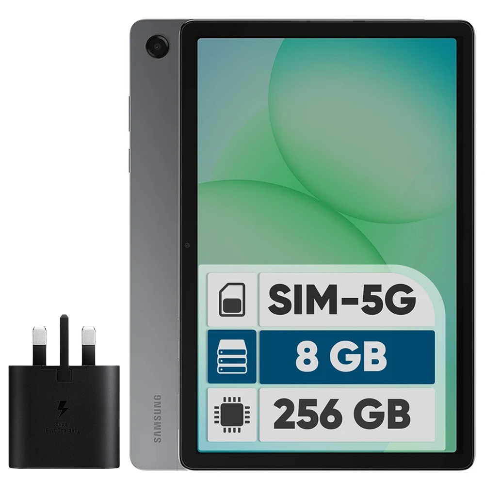 تبلت 11 اینچ سامسونگ مدل Galaxy Tab A11 Plus 5G، ظرفیت 256 گیگابایت و رم 8 گیگابایت، قابلیت پشتیبانی از سیم کارت، رزولوشن دوربین 8 مگاپیکسل، به همراه شارژر دیواری 25 وات سامسونگ مدل EP-TA800