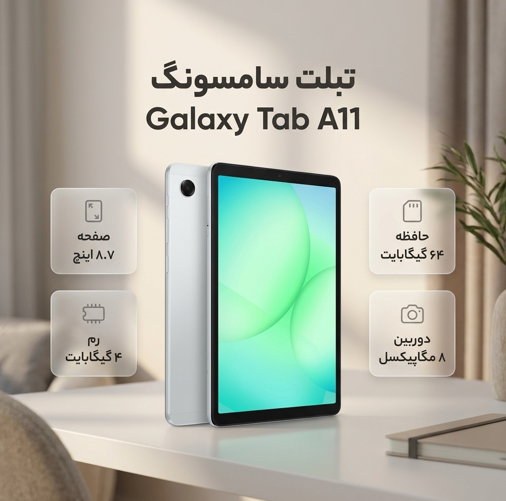 تبلت 8.7 اینچ سامسونگ مدل Galaxy Tab A11 Wi-Fi، ظرفیت 64 گیگابایت و رم 4 گیگابایت، رزولوشن دوربین 8 مگاپیکسل