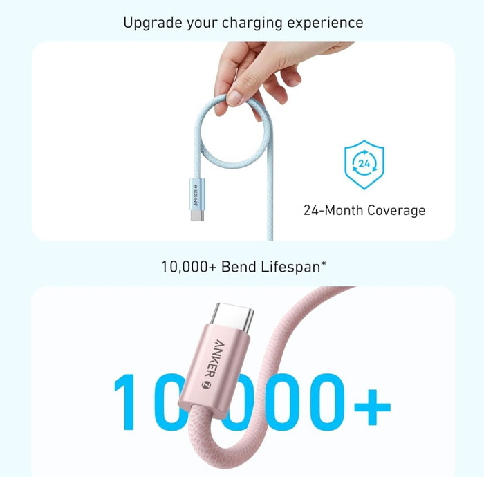 کابل تبدیل USB-C به USB-C انکر مدل Zolo A8060 طول 1.5 متر