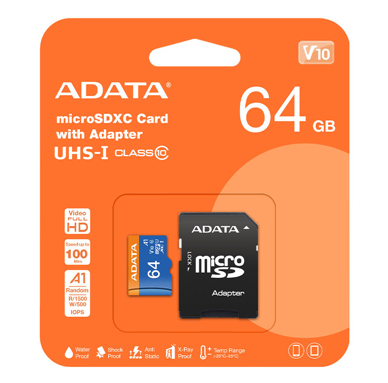 کارت حافظه microSDXC ای دیتا مدل Premier کلاس 10 استاندارد UHS-I V10 A1سرعت 100MBps ظرفیت 64 گیگابایت به همراه آداپتور