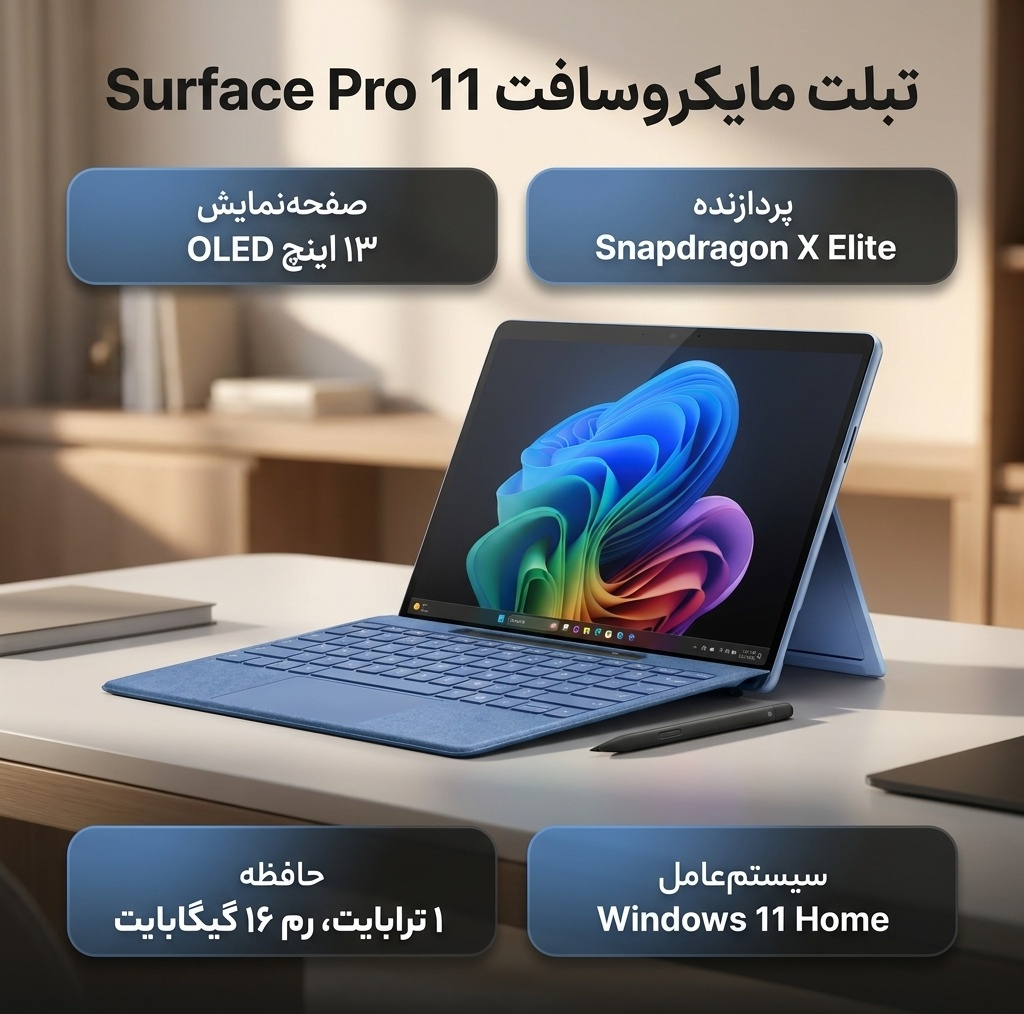 تبلت 13 اینچی مایکروسافت مدل Surface Pro 11-Snapdragon X Elite OLED ظرفیت 1 ترابایت و رم 16 گیگابایت به همراه کیبورد Surface Pro Copilot و قلم Slim Pen 2