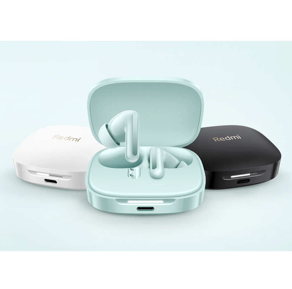 هدفون بلوتوثی شیائومی مدل Redmi Buds 6 با نویز کنسلینگ فعال (ANC)، درگاه شارژ USB Type-C، دارای میکروفون دوگانه با ENC (کاهش نویز محیط)، مقاوم در برابر رطوبت و عرق