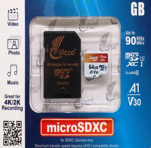 کارت حافظه microSDXC ویکومن مدل 600x plus کلاس 10 استاندارد UHS-I U3 A1 V30 سرعت 90MBs ظرفیت 64 گیگابایت به همراه آداپتور SD